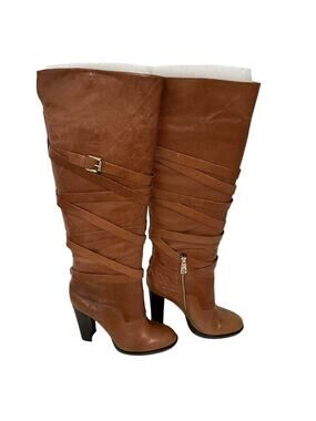 New Michael Kors Greenwich Belted Leather Tall Boots Vicuna Brown Size (10)